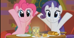 Size: 1014x519 | Tagged: safe, imported from derpibooru, screencap, pinkie pie, rarity, pony, spice up your life, discovery family logo, the tasty treat