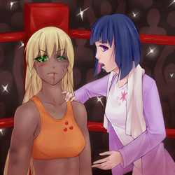 Size: 4410x4410 | Tagged: safe, artist:missangest, imported from derpibooru, applejack, twilight sparkle, human, absurd resolution, boxing, bruised, coach, dark skin, duo, fanfic, fanfic art, fanfic cover, humanized, light skin