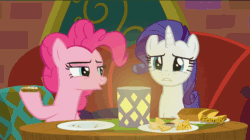 Size: 858x482 | Tagged: safe, imported from derpibooru, screencap, pinkie pie, rarity, pony, spice up your life, :o, animated, discovery family logo, feeding, female, food, rarity looking at food, the tasty treat