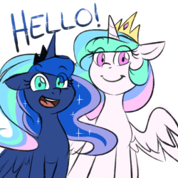 Size: 750x750 | Tagged: safe, artist:cosmalumi, artist:its-gloomy, imported from derpibooru, princess celestia, princess luna, alicorn, pony, :d, :t, animated, cute, cutelestia, dialogue, duo, duo female, eye clipping through hair, eyebrows, eyebrows visible through hair, female, floppy ears, gif, hello, looking at you, lunabetes, mare, open mouth, open smile, royal sisters, simple background, sisters, sitting, smiling, smiling at you, spread wings, white background