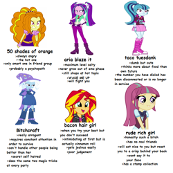 Size: 720x720 | Tagged: safe, imported from derpibooru, adagio dazzle, aria blaze, sonata dusk, sour sweet, sunset shimmer, trixie, equestria girls, adagio the cutthroat, bacon hair, cute, cutthroat, food, meme, shimmerbetes, slit throat gesture, smiling, tag yourself, the dazzlings, tumblr, vulgar