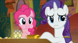 Size: 858x482 | Tagged: safe, imported from derpibooru, screencap, pinkie pie, rarity, pony, spice up your life, animated, discovery family logo, female, puffy cheeks, the tasty treat
