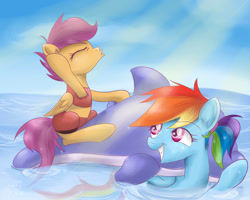 Size: 2500x2000 | Tagged: safe, artist:redheadfly, imported from derpibooru, rainbow dash, scootaloo, dolphin, pegasus, pony, clothes, cute, cutealoo, dashabetes, duo, duo female, female, floaty, inflatable, inflatable dolphin, inflatable toy, midriff, pool toy, riding, scootalove, swimsuit, water