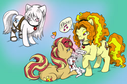 Size: 1200x798 | Tagged: safe, artist:kaemantis, imported from derpibooru, adagio dazzle, sunset shimmer, oc, oc:snowshine, pony, unicorn, adopted offspring, adoragio, albino, cute, female, heart, hnnng, hoof braces, leg brace, lesbian, ocbetes, parent:adagio dazzle, parent:sunset shimmer, parents:sunsagio, rawr, sharp teeth, shimmerbetes, shipping, sunsagio