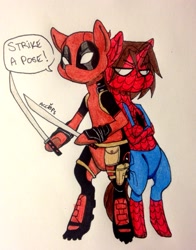Size: 1743x2224 | Tagged: safe, artist:ameliacostanza, imported from derpibooru, clothes, costume, crossover, deadpool, duo, katana, marvel, peter parker, ponified, spider-man, spiders and magic: rise of spider-mane, superhero, sword, traditional art, wade wilson, weapon
