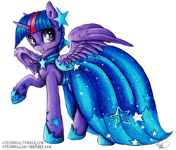 Size: 1024x877 | Tagged: safe, artist:julunis14, imported from derpibooru, twilight sparkle, alicorn, pony, clothes, dress, female, gala dress, raised hoof, simple background, solo, spread wings, traditional art, transparent background, twilight sparkle (alicorn)