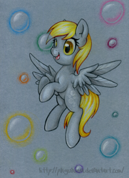 Size: 1092x1505 | Tagged: safe, artist:pingwinowa, imported from derpibooru, derpy hooves, pegasus, pony, bubble, female, flying, mare, solo, traditional art