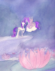 Size: 1204x1544 | Tagged: safe, artist:enuwey, imported from derpibooru, lotus blossom, rarity, oc, oc:kydose, pegasus, pony, canon x oc, cloud, flower, kissing, love, raridose, shipping, traditional art, water, watercolor painting