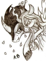 Size: 831x1086 | Tagged: safe, artist:rossmaniteanzu, imported from derpibooru, king sombra, queen chrysalis, oc, pony, unicorn, chrysombra, female, hug, love, male, monochrome, shipping, straight, traditional art