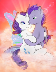 Size: 2037x2640 | Tagged: safe, artist:kydosexrarity, artist:mintyscratch, imported from derpibooru, rarity, oc, oc:kydose, pegasus, pony, canon x oc, cloud, love, raridose, romantic, shipping, snuggling, sunset