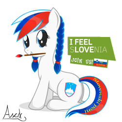 Size: 894x894 | Tagged: dead source, safe, artist:ascix, imported from derpibooru, oc, oc only, earth pony, pony, brush, cute, earth pony oc, looking at you, nation ponies, object in mouth, ponified, recolor, signature, slovenia, solo