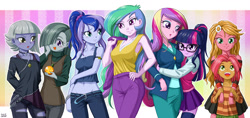 Size: 1600x753 | Tagged: safe, artist:uotapo, idw, imported from derpibooru, babs seed, limestone pie, marble pie, princess cadance, princess celestia, princess luna, sci-twi, sunflower (character), twilight sparkle, equestria girls, adorababs, alternate hairstyle, armpits, belly button, blazer, blushing, breasts, busty princess cadance, busty princess celestia, cleavage, clothes, colored pupils, cute, cutedance, cutie mark accessory, dean cadance, dragon ball, dragon ball (object), dragon ball z, equestria girls-ified, eye contact, female, glasses, hair over one eye, hug, limabetes, long hair, long socks, looking at each other, looking down, looking up, low rise jeans, lunabetes, marblebetes, meganekko, midriff, miniskirt, onee-sama, open smile, pleated skirt, ponytail, principal celestia, sibling bonding, sibling love, sister-in-law, sisterly love, sisters, sisters-in-law, skirt, sleeveless, smiling, socks, stupid sexy princess luna, sunflower (g4), sweet dreams fuel, tanktop, thigh highs, twiabetes, uotapo is trying to murder us, vice principal luna, wall of tags, zettai ryouiki