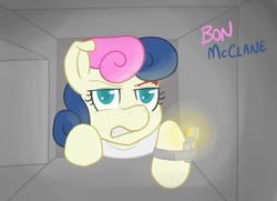 Size: 800x580 | Tagged: safe, artist:atlur, deleted from derpibooru, imported from derpibooru, bon bon, sweetie drops, blood, bon bon is not amused, bonafied, bonpun, crossover, die hard, duct tape, john mcclane, lighter, solo, unamused