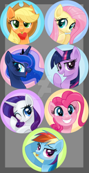Size: 1024x1984 | Tagged: safe, artist:wicklesmack, imported from derpibooru, applejack, fluttershy, pinkie pie, princess luna, rainbow dash, rarity, twilight sparkle, mane six, watermark