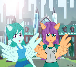 Size: 949x841 | Tagged: safe, artist:dieart77, imported from derpibooru, cold forecast, ginger owlseye, equestria girls, background human, clothes, commission, ponied up