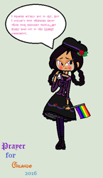 Size: 340x585 | Tagged: safe, artist:obeliskgirljohanny, imported from derpibooru, oc, oc only, oc:strawberry rose, human, casual lolita, crying, gay pride flag, gothic lolita, humanized, looking down, mourning, solo, stand with orlando