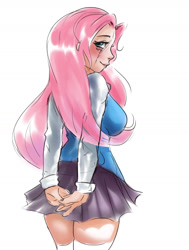 Size: 1280x1694 | Tagged: safe, artist:mrscurlystyles, imported from derpibooru, fluttershy, human, bedroom eyes, big breasts, blushing, breasts, busty fluttershy, clothes, faith summers, female, grin, humanized, looking at you, looking back, miniskirt, pleated skirt, school uniform, sideboob, skirt, smiling, socks, solo, starswirl academy, starswirl academy uniform, thigh highs, zettai ryouiki