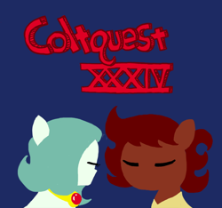 Size: 640x600 | Tagged: safe, artist:ficficponyfic, imported from derpibooru, oc, oc only, oc:emerald jewel, oc:ruby rouge, earth pony, pony, colt quest, amulet, boy, child, color, colt, cyoa, female, filly, foal, logo, male, recap, title, title card