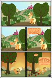 Size: 3254x4837 | Tagged: safe, artist:gutovi, imported from derpibooru, applejack, pony, comic:why me!?, absurd resolution, apple, applebucking, applebutt, butt, comic, female, food, plot, solo