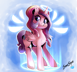 Size: 1280x1197 | Tagged: safe, artist:sourspot, imported from derpibooru, princess cadance, pony, cute, cutedance, female, halo, signature, smiling, solo