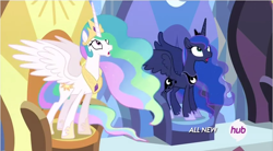 Size: 856x471 | Tagged: safe, imported from derpibooru, screencap, princess celestia, princess luna, alicorn, pony, equestria games (episode), duo, equestria games, ethereal mane, female, height difference, hub logo, hubble, looking up, mare, open mouth, royal sisters, shocked, sisters, slim, spread wings, standing, thin, throne