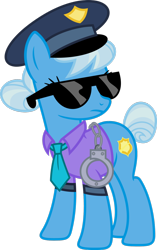 Size: 1024x1630 | Tagged: safe, artist:blah23z, color edit, edit, imported from derpibooru, copper top, trixie, earth pony, pony, unicorn, the gift of the maud pie, colored, cuffs, female, hand cuffs, mare, necktie, police, police officer, police uniform, recolor, simple background, solo, sunglasses