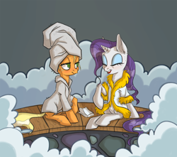 Size: 1240x1098 | Tagged: safe, artist:essel, imported from derpibooru, applejack, rarity, applejack's "day" off, bathrobe, clothes, duo, duo female, female, robe, sauna, spa, steam room, sweat, towel, towel on head