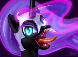 Size: 1883x1375 | Tagged: safe, artist:xbi, imported from derpibooru, nightmare moon, pony, awesome face, bust, drool, female, laughing, looking at you, maw, mawshot, open mouth, portrait, solo, tongue out, uvula