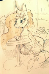 Size: 844x1280 | Tagged: safe, artist:alumx, imported from derpibooru, princess celestia, alicorn, pony, female, flower, folded wings, food, lidded eyes, mare, monochrome, smiling, table, tea, traditional art, wings