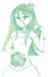 Size: 1760x2841 | Tagged: safe, artist:deeemperor, artist:dragonemperror2810, imported from derpibooru, queen chrysalis, human, clothes, dress, female, flower, humanized, looking at you, smiling, solo, wedding dress