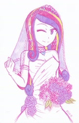 Size: 1793x2788 | Tagged: safe, artist:deeemperor, artist:dragonemperror2810, imported from derpibooru, princess cadance, human, clothes, dress, female, flower, humanized, smiling, solo, wedding dress, wink