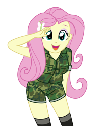 Size: 2012x2391 | Tagged: safe, artist:sumin6301, imported from derpibooru, fluttershy, equestria girls, breasts, clothes, cute, female, military uniform, open mouth, salute, shorts, shyabetes, socks, solo