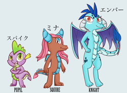 Size: 3480x2568 | Tagged: safe, artist:chiptunebrony, idw, imported from derpibooru, mina, princess ember, spike, dragon, gauntlet of fire, spoiler:comic, chart, class, dragoness, female, japanese, katakana, male, text