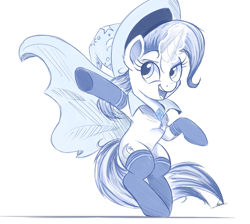 Size: 1115x1000 | Tagged: safe, artist:ncmares, imported from derpibooru, trixie, pony, unicorn, clothes, cute, diatrixes, female, magic, mare, monochrome, open mouth, signature, sketch, socks, solo, trixie's cape, trixie's hat