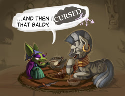 Size: 1223x937 | Tagged: safe, artist:lexx2dot0, imported from derpibooru, zecora, chihuahua, zebra, bowl, carpet, clothes, courage the cowardly dog, crossover, cup, dagger, dialogue, ear piercing, eyes closed, food, laughing, mask, open mouth, piercing, rug, shirley the medium, speech bubble, steam, tea, tea party, teacup, teapot, weapon, zecora's hut