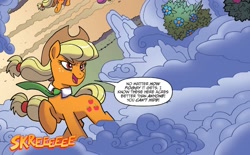 Size: 1400x868 | Tagged: safe, artist:tonyfleecs, idw, imported from derpibooru, applejack, earth pony, pony, ponies of dark water, spoiler:comic, spoiler:comic43, cropped, donaldjack, evil, female, fog, mare, necktie, official comic, raised hoof, speech bubble