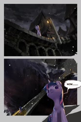 Size: 1024x1536 | Tagged: safe, artist:ciyunhe, imported from derpibooru, twilight sparkle, comic:falling into the deep, abyss, comic, dark, female, lamp, night, scenery, solo, translation