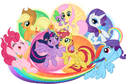 Size: 1024x684 | Tagged: safe, artist:sakuyamon, imported from derpibooru, applejack, fluttershy, pinkie pie, rainbow dash, rarity, spike, sunset shimmer, twilight sparkle, alicorn, dragon, earth pony, pegasus, pony, unicorn, elements of harmony, mane seven, mane six, twilight sparkle (alicorn), watermark