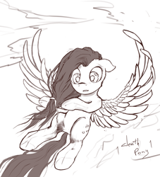 Size: 1891x2087 | Tagged: safe, artist:1deathpony1, imported from derpibooru, fluttershy, female, flying, looking back, mane, monochrome, solo