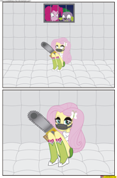 Size: 1457x2206 | Tagged: safe, artist:conikiblasu-fan, imported from derpibooru, fluttershy, pinkie pie, spike, dog, .mov, shed.mov, equestria girls, bondage, boots, chainsaw, clothes, equestria girls interpretation, equestria girls-ified, hotdiggedydemon, miniskirt, scene interpretation, shoes, sitting, skirt, socks, spike the dog, tanktop, thighs, upskirt denied