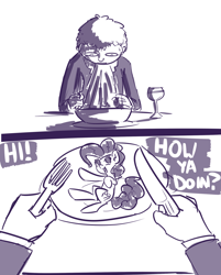 Size: 1280x1594 | Tagged: safe, artist:nobody, imported from derpibooru, pinkie pie, human, comic, dialogue, fork, knife, micro, monochrome, plate, sweat