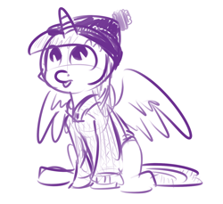 Size: 1280x1172 | Tagged: safe, artist:nobody, imported from derpibooru, twilight sparkle, alicorn, pony, clothes, cute, female, hat, monochrome, sketch, solo, spread wings, sweater, tongue out, toque, twilight sparkle (alicorn)