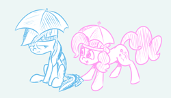 Size: 1280x736 | Tagged: safe, artist:nobody, imported from derpibooru, pinkie pie, rainbow dash, feeling pinkie keen, hat, limited palette, sketch, umbrella hat