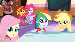 Size: 1280x720 | Tagged: safe, edit, edited screencap, imported from derpibooru, screencap, applejack, fluttershy, pinkie pie, rainbow dash, sunset shimmer, equestria girls, closet, filthy frank, safari man