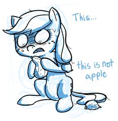 Size: 1280x1312 | Tagged: safe, artist:nobody, imported from derpibooru, applejack, female, monochrome, sketch, solo, squash, squashjack, terrified, that pony sure does love apples