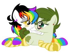 Size: 5109x3803 | Tagged: safe, artist:lostinthetrees, imported from derpibooru, oc, oc only, oc:trees, clothes, female, lesbian, oc x oc, prone, rainbow socks, shipping, socks, striped socks