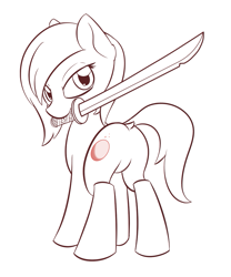 Size: 777x933 | Tagged: safe, artist:dusthiel, imported from derpibooru, oc, oc only, butt, monochrome, mouth hold, plot, solo, sword, weapon