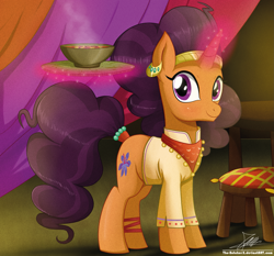 Size: 1871x1742 | Tagged: safe, artist:the-butch-x, imported from derpibooru, saffron masala, pony, unicorn, spice up your life, bandana, chef, clothes, cute, female, food, indian, looking at you, magic, mare, signature, smiling, solo, soup, steam, tray