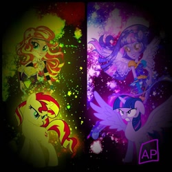 Size: 894x894 | Tagged: safe, artist:mlpariana, imported from derpibooru, sunset shimmer, twilight sparkle, pony, unicorn, equestria girls, friendship games, twilight sparkle (alicorn)