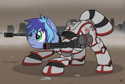 Size: 3000x2015 | Tagged: safe, artist:mrlolcats17, imported from derpibooru, oc, oc only, oc:scout charger, earth pony, pony, fallout equestria, anti-tank rifle, applejack's rangers, battle stance, commission, determined, minigun, power armor, powered exoskeleton, solo, steel ranger, weapon